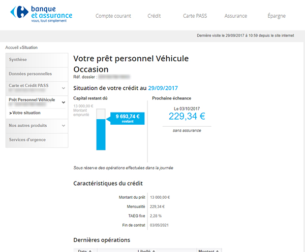 synthèse espace client prêt personnel carrefour banque